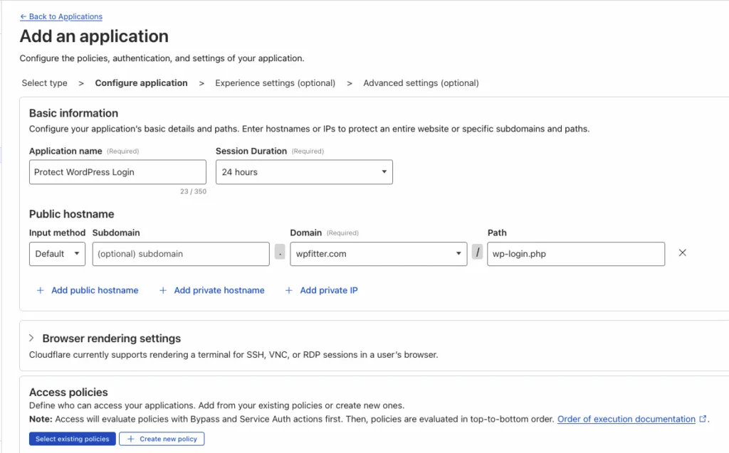 How to Secure WordPress Login Page Using Cloudflare Zero Trust 5 Page screenshot: Add an application (Zero Trsust)