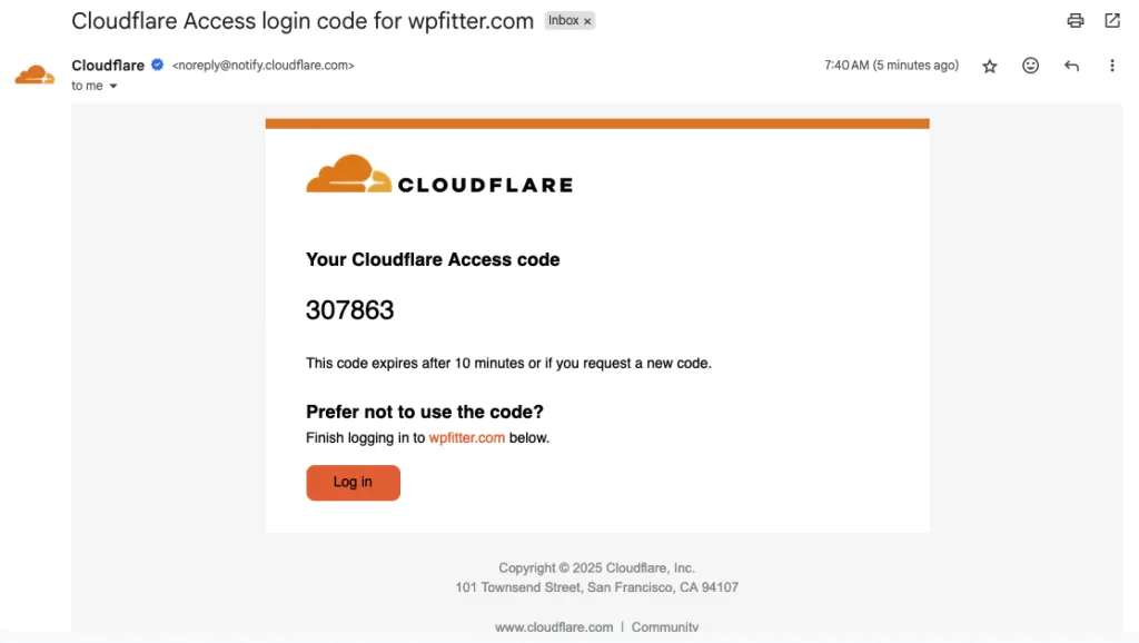 How to Secure WordPress Login Page Using Cloudflare Zero Trust 8 Email Screenshot of OTP Code sent by Cloudflare Zero Trust