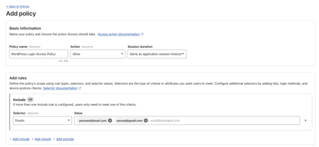 How to Secure WordPress Login Page Using Cloudflare Zero Trust 6 Page screenshot: Add Policy (Zero Trsust)