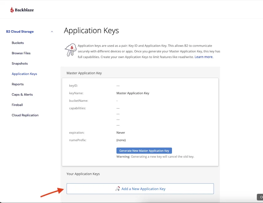 How to Offload WordPress Media Files to Backblaze B2 (Step-by-Step Guide) 3 Backblaze Application-keys page
